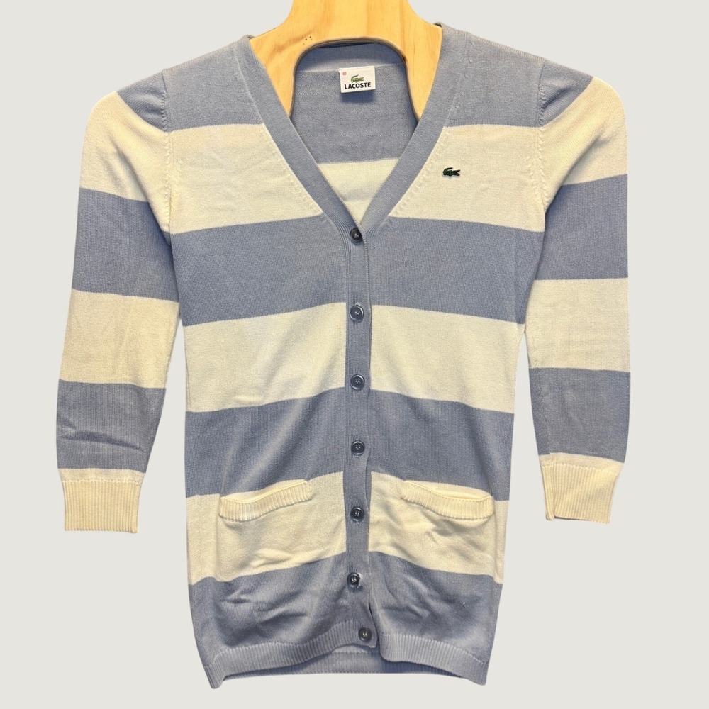 2139 | Lacoste Striped V-Neck Cotton Knit Cardigan Blue White Women 40 M